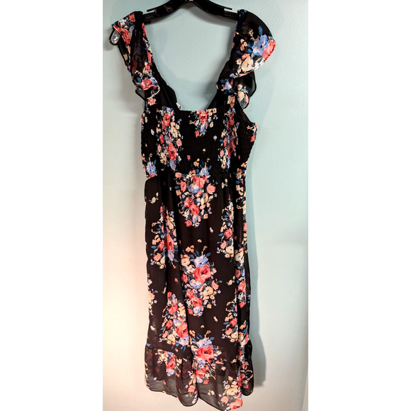 Lily Rose Woman’s Black Floral V Neck Stretch Ruffle Strap Midi Dress XXL - Picture 5 of 5